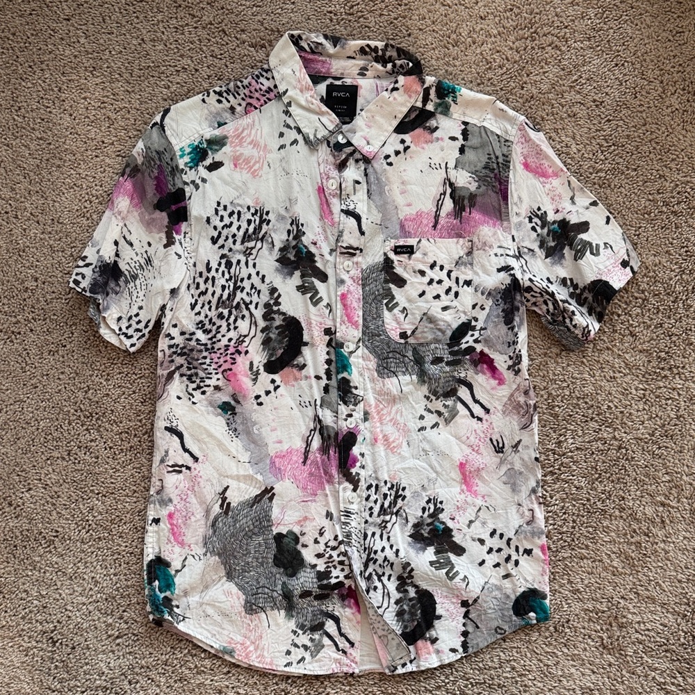 RVCA Men's Artistic Print Shirt - Black, Pink, Teal